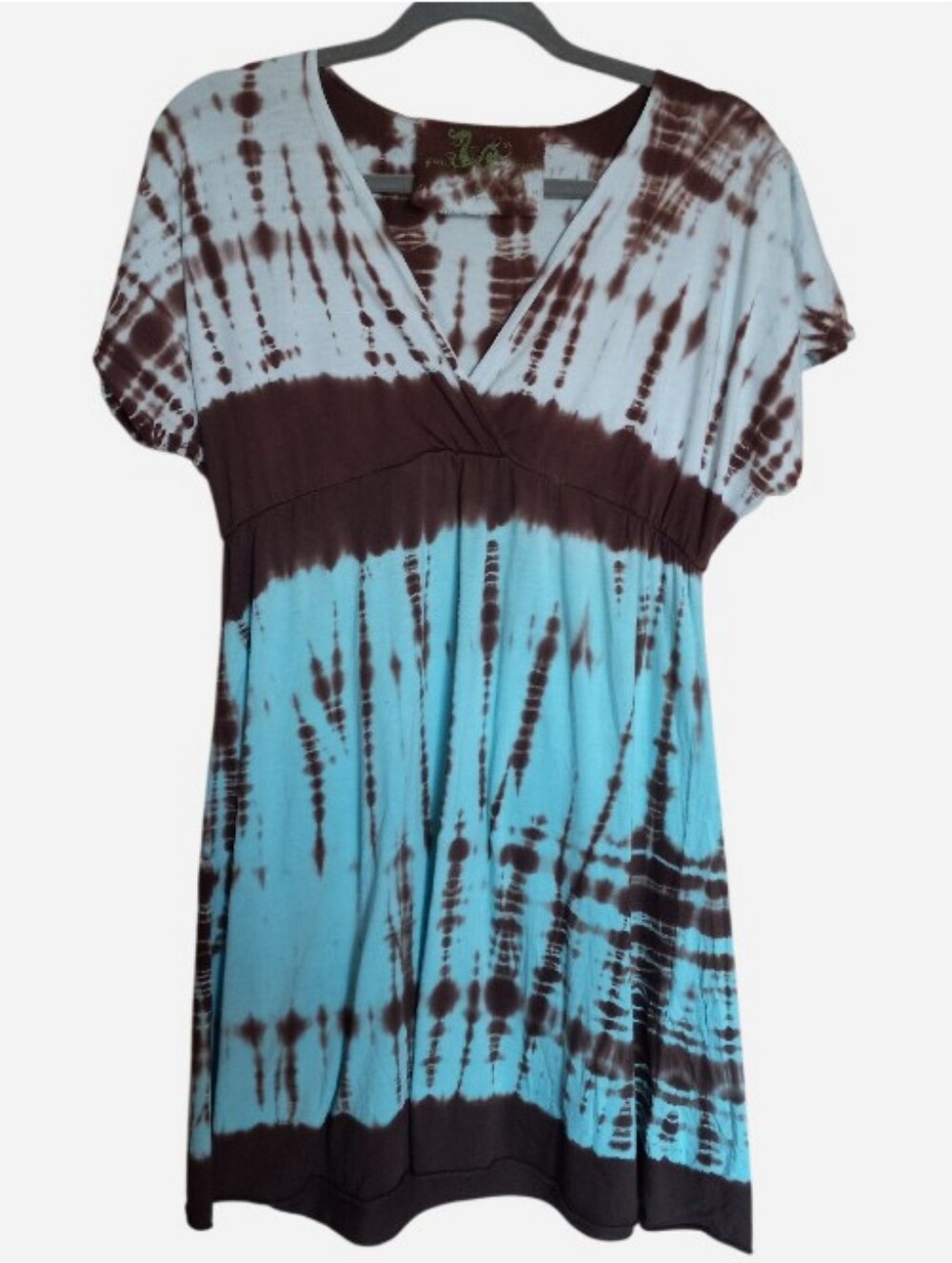 Green Dragon Hippie Boho Blue & Brown Tie-Dye V-Neck Kimono Sleeve Dress